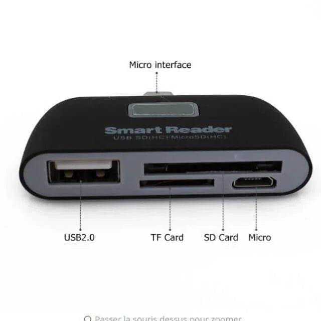 Black smart card reader with USB 2.0, TF card, SD card, and micro USB ports labeled.