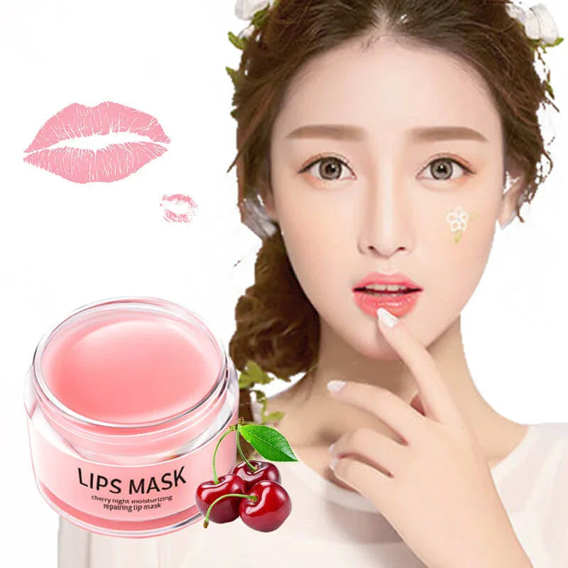 Cherry lip mask jar with pink balm, female model applying product, cherry graphic, white background