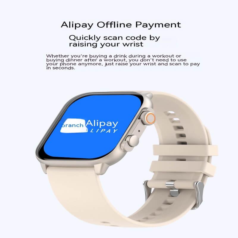 Smartwatch with Alipay offline payment feature and beige fitness band