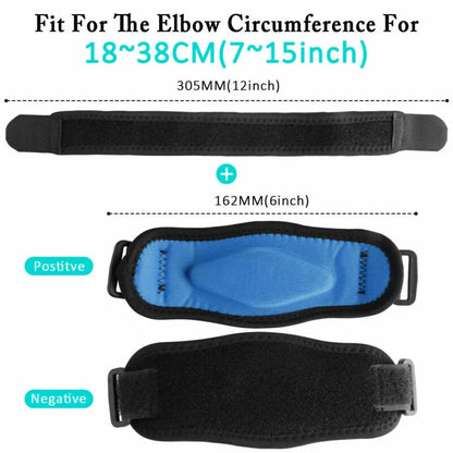 Elbow support brace with measurements on a white background