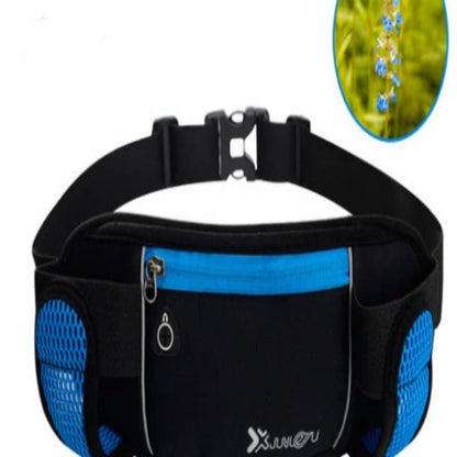 Black and blue waist bag with a close-up inset of flowers on a white background