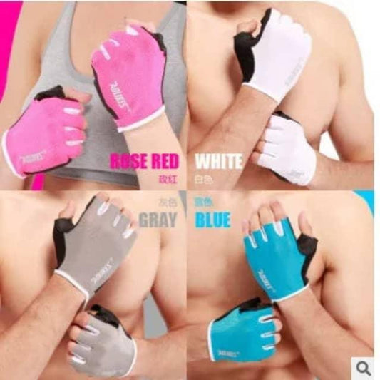 Assorted gym workout gloves in rose red, white, gray, and blue on muscular arms