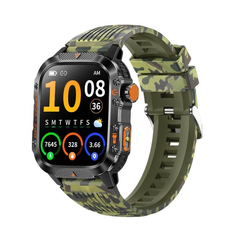 Camo fitness smartwatch with activity tracker, heart rate monitor, and rugged design