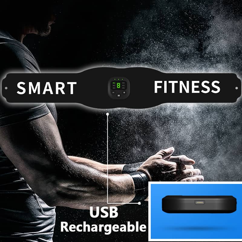 Smart fitness USB rechargeable muscle stimulator belt, athlete in gym setting, Hi Fitness