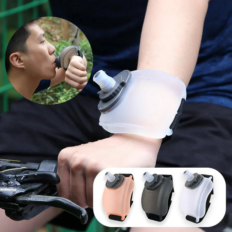 Wearable wrist water bottle for hydration during cycling or outdoor fitness activities