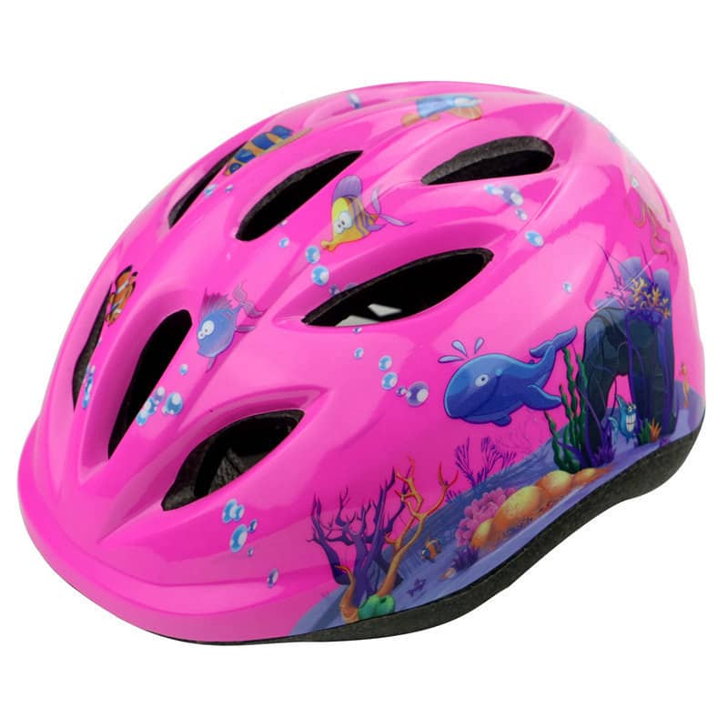 Pink kids bike helmet with cartoon sea animals and underwater scene graphics