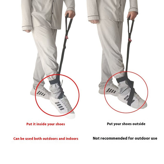 Two pairs of legs wearing white shoes with straps, one with a red circle highlighting the correct usage and the other with a black circle indicating incorrect usage.