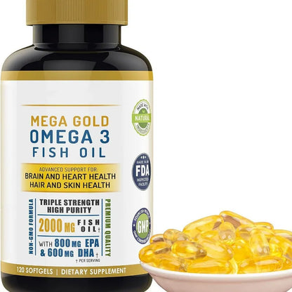 Bottle of Mega Gold Omega 3 Fish Oil with capsules on a white background