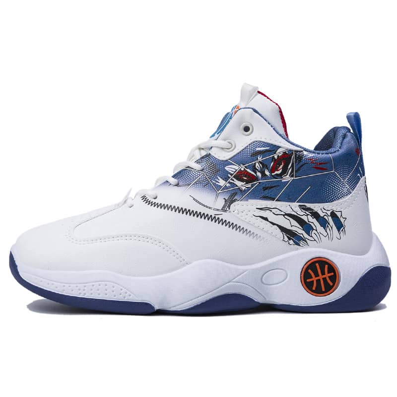 White sneaker with blue and red accents on a white background