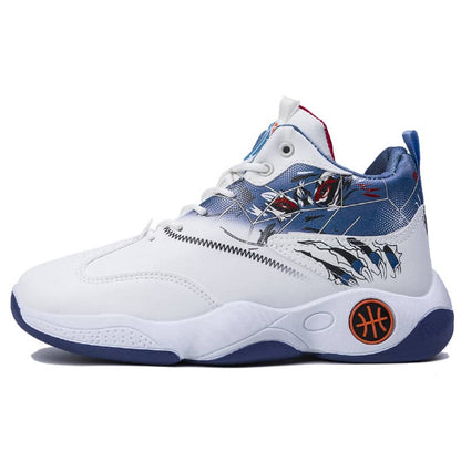 White sneaker with blue and red accents on a white background