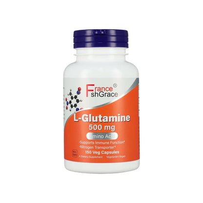 Bottle of France FshGrace L-Glutamine 500 mg capsules, immune support, non-GMO supplement