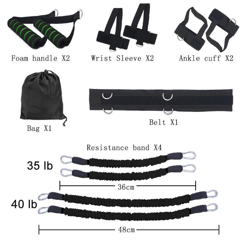 Collection of fitness equipment including foam handles, wrist sleeves, ankle cuffs, a bag, a belt, and resistance bands with measurements.