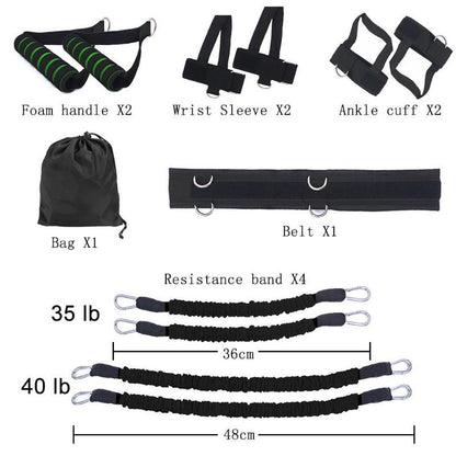 Collection of fitness equipment including foam handles, wrist sleeves, ankle cuffs, a bag, a belt, and resistance bands with measurements.