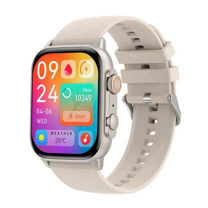 Smart fitness watch with beige strap and colorful display showing steps and weather.
