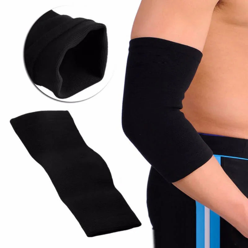 Black elbow support brace on a person's arm with close-up inset