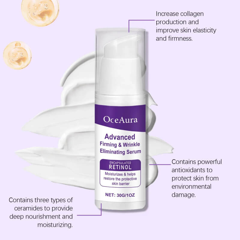 OceAura advanced firming and wrinkle serum bottle with cream swatches and ingredient highlights