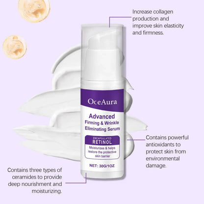 OceAura advanced firming and wrinkle serum bottle with cream swatches and ingredient highlights