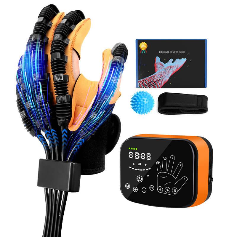 Hand therapy glove with digital control box, spiky massage ball, strap, and instruction manual