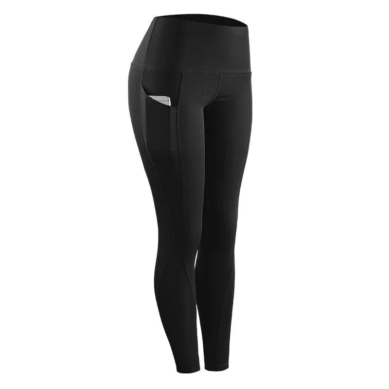 Black high-waisted fitness leggings with side pocket holding a smartphone, ideal for workouts