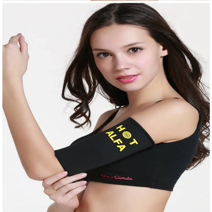 Woman wearing a black arm wrap with 'HOT ALFA' branding on a white background