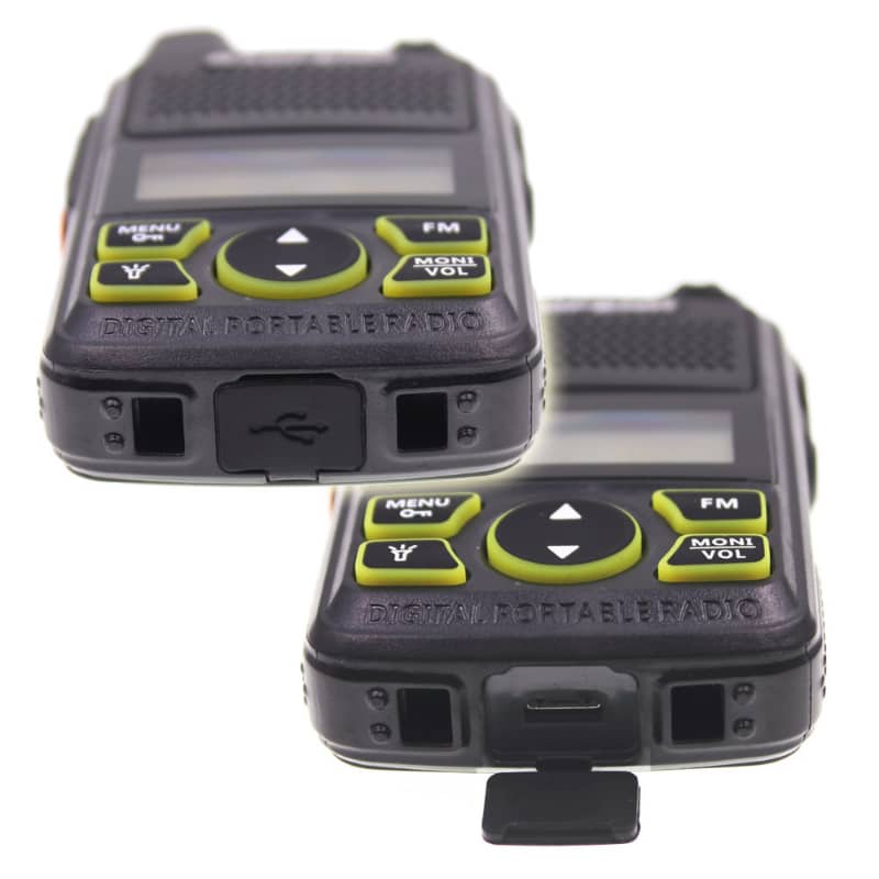 Two digital portable radios on a white background