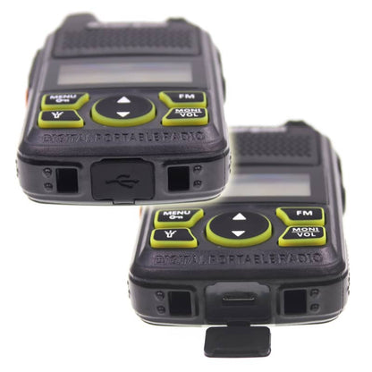 Two digital portable radios on a white background