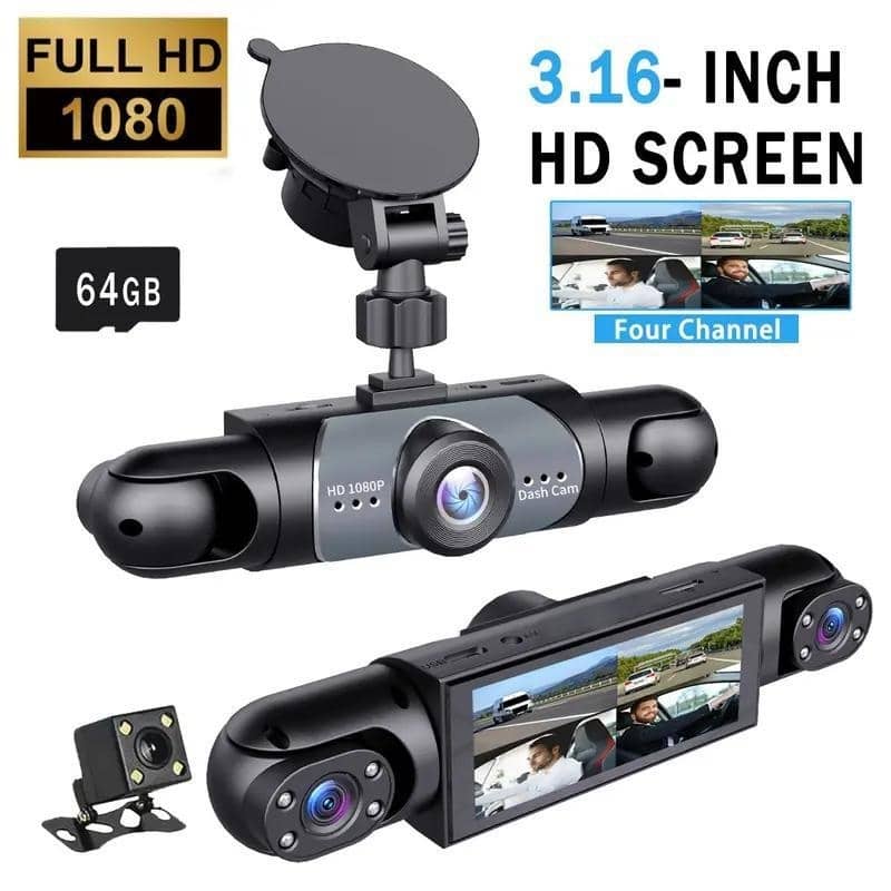 Car dashboard camera with 3.16-inch HD screen and 64GB storage on a white background.