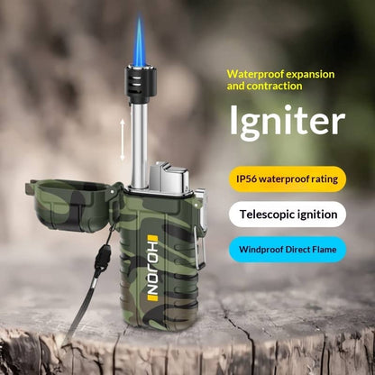 Camouflage lighter with telescopic ignition on a wooden surface