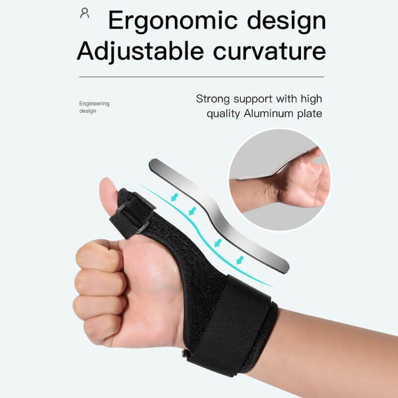Hand wearing a black wrist support brace with text highlighting ergonomic design and adjustable curvature.