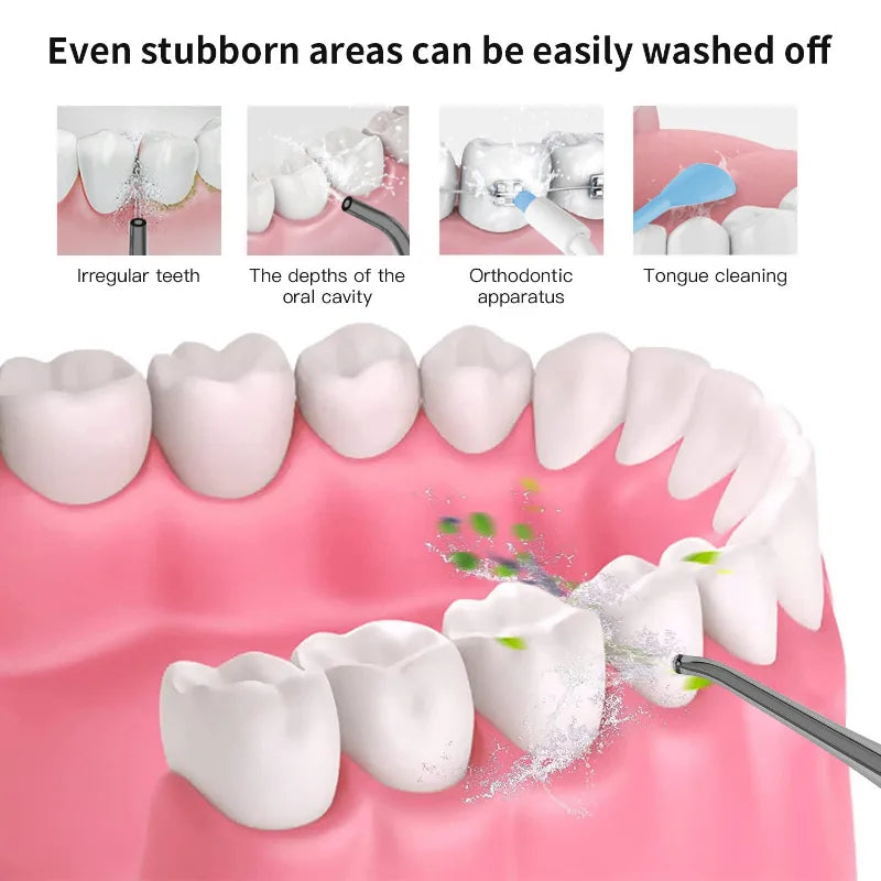 An informational graphic showing a close-up of a human mouth with teeth and pink gums, deep oral cavity cleaning, orthodontic cleaning, and tongue cleaning. 'Even stubborn areas can be easily washed off.