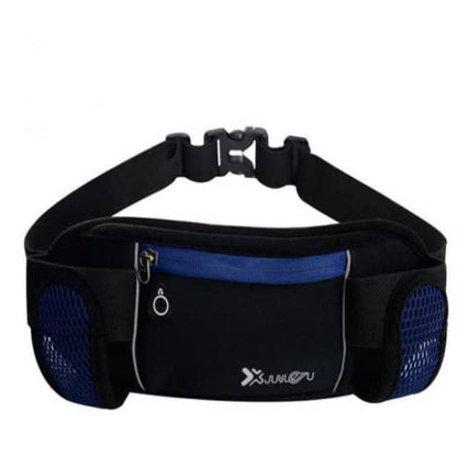 Black and blue waist bag with a visible brand logo on a white background