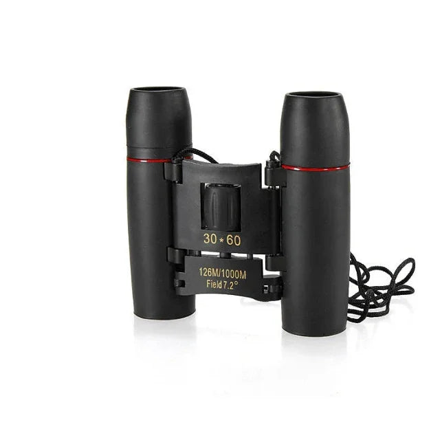 Black binoculars with red accents on a white background