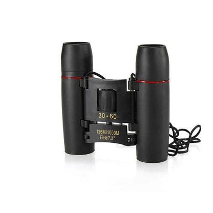 Black binoculars with red accents on a white background