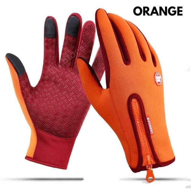 Orange fitness gloves with zipper and touch screen fingertips, textured palm, outdoor gear