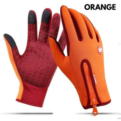 Orange fitness gloves with zipper and touch screen fingertips, textured palm, outdoor gear