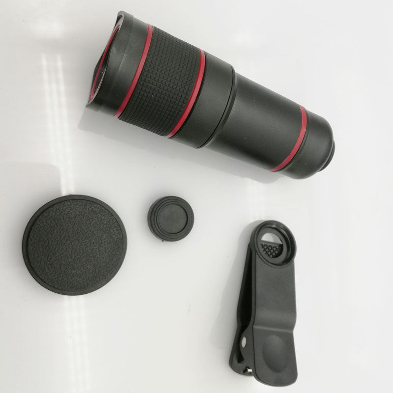 Camera lens with additional accessories on a white background