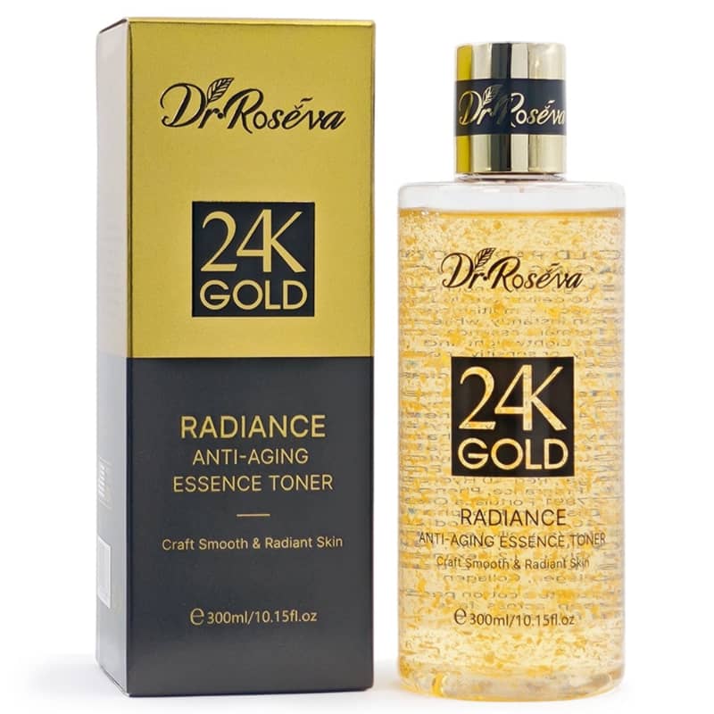 Dr. Roseva 24K Gold Radiance Anti-Aging Essence Toner bottle and packaging on a white background