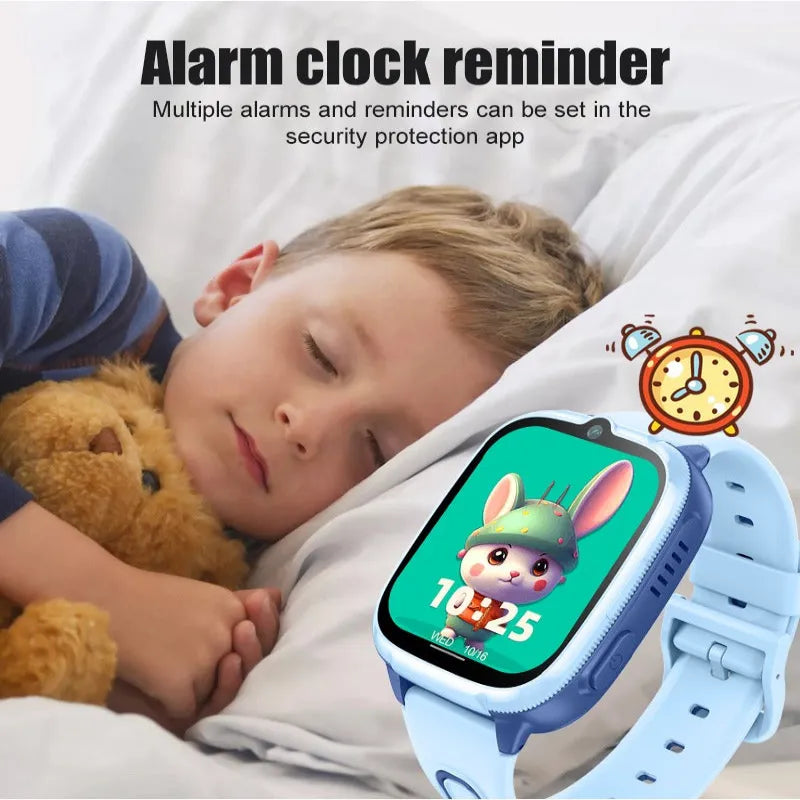 Child sleeping with a teddy bear, wearing a smartwatch with an alarm clock app on the screen.