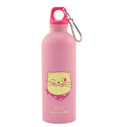 Pink water bottle with winking cat graphic, metal carabiner, fitness accessory