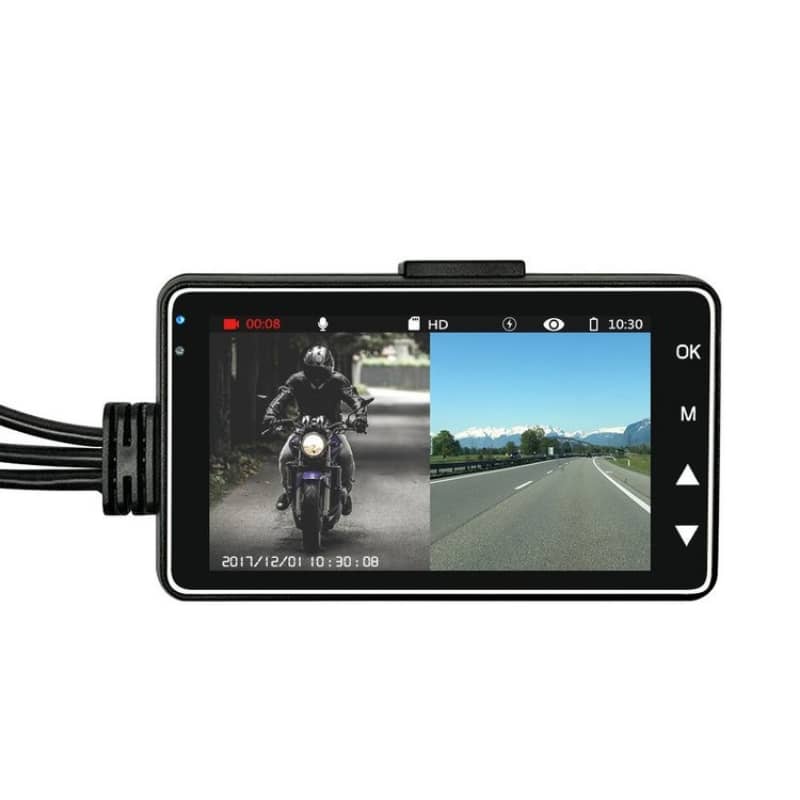 Motorcycle dashboard camera with screen displaying road and mountain views on a white background
