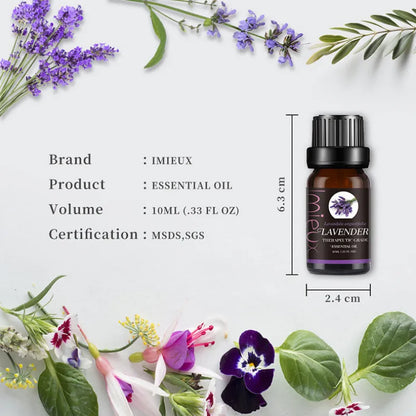 Lavender essential oil bottle with floral and leaf decorations on a white background