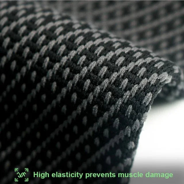 Close-up of black and gray textured fitness fabric, labeled high elasticity for muscle support
