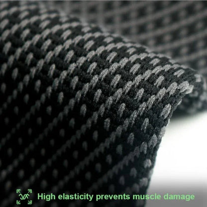 Close-up of black and gray textured fitness fabric, labeled high elasticity for muscle support