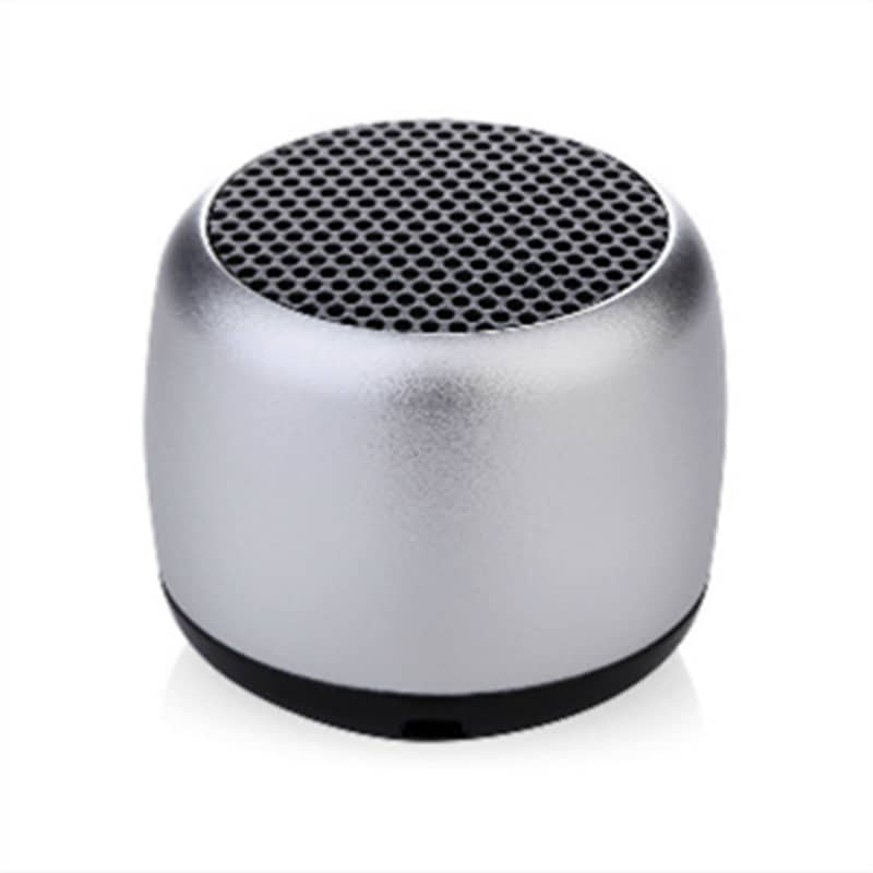 Silver portable speaker with black mesh on a white background