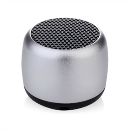 Silver portable speaker with black mesh on a white background