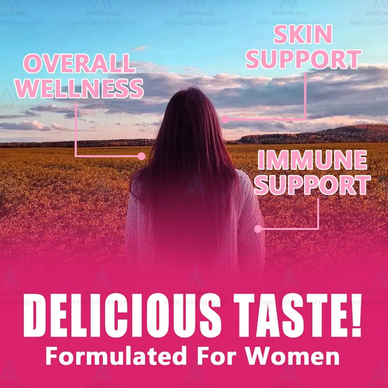 'OVERALL WELLNESS', 'SKIN SUPPORT', 'IMMUNE SUPPORT', and 'DELICIOUS TASTE! Formulated For Women'.