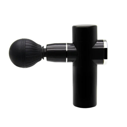 Black handheld massage gun with rounded textured attachment for muscle recovery and fitness relief