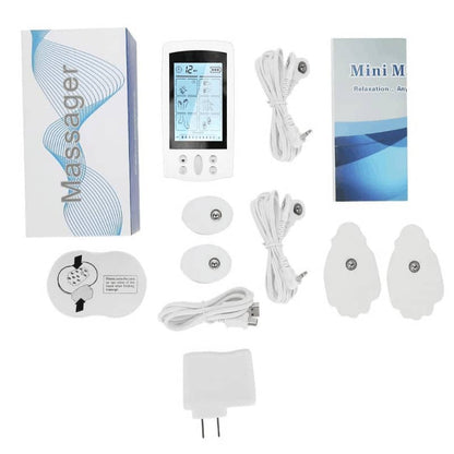 Electrotherapy device with various components on a white background
