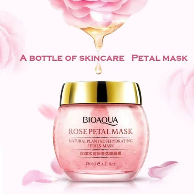 Bioaqua rose petal mask jar with gold lid, pink rose petals, hydrating skincare product