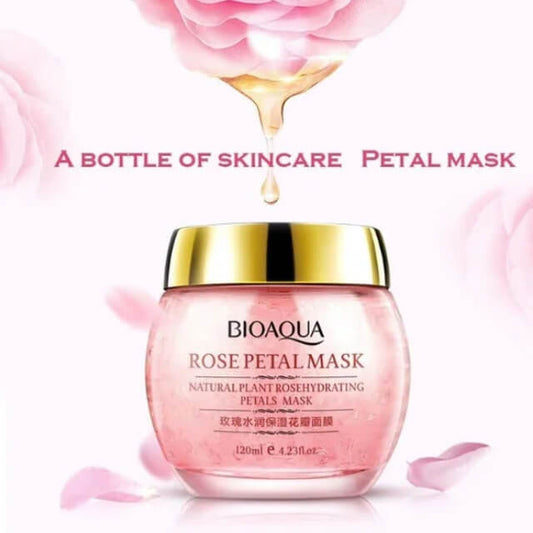 Bioaqua rose petal mask jar with gold lid, pink rose petals, hydrating skincare product